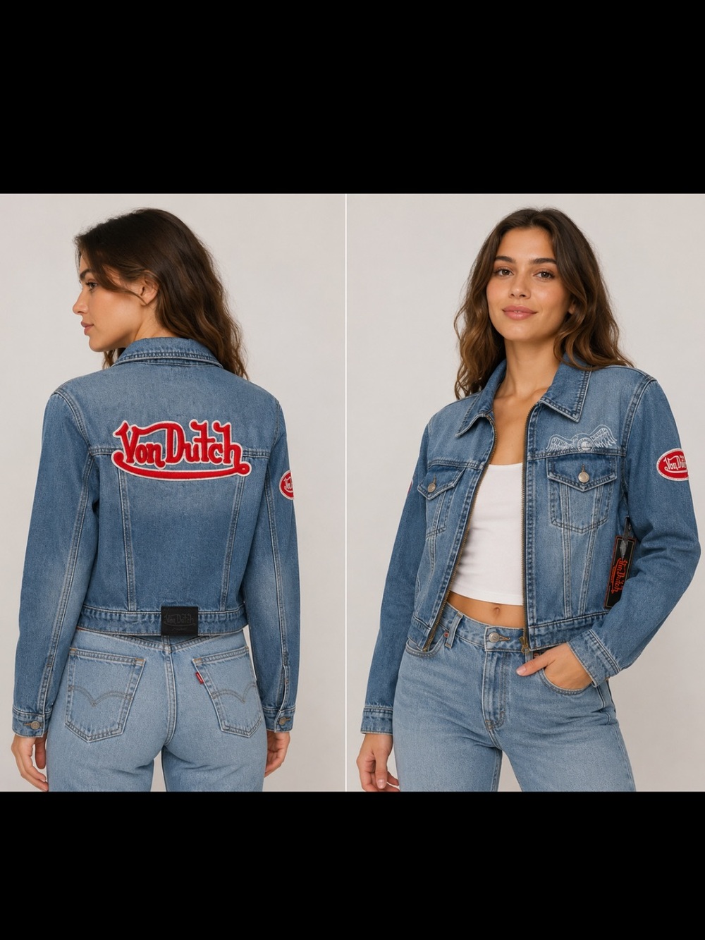 Von Dutch NWT 90s Y2K Blue Grunge Cropped Denim Jacket with back Red Logo Patch